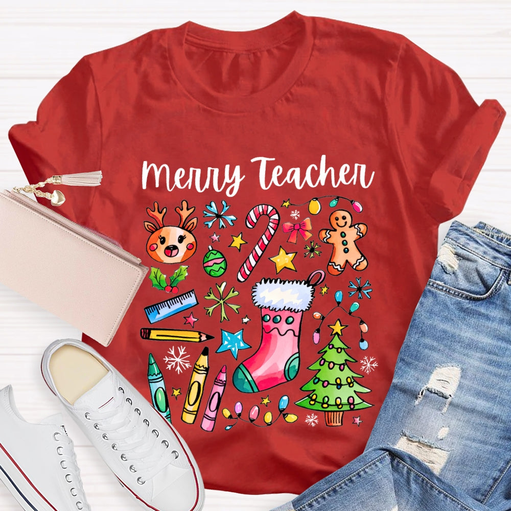 Merry Teacher Christmas Lights And Crayons Christmas Vibes T-shirt
