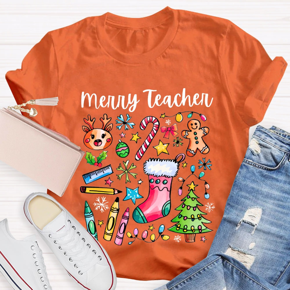 Merry Teacher Christmas Lights And Crayons Christmas Vibes T-shirt