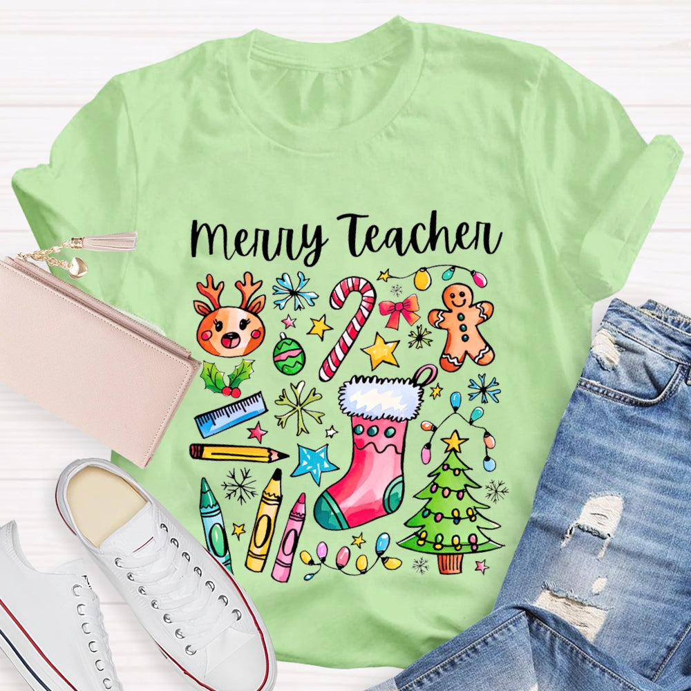 Merry Teacher Christmas Lights And Crayons Christmas Vibes T-shirt