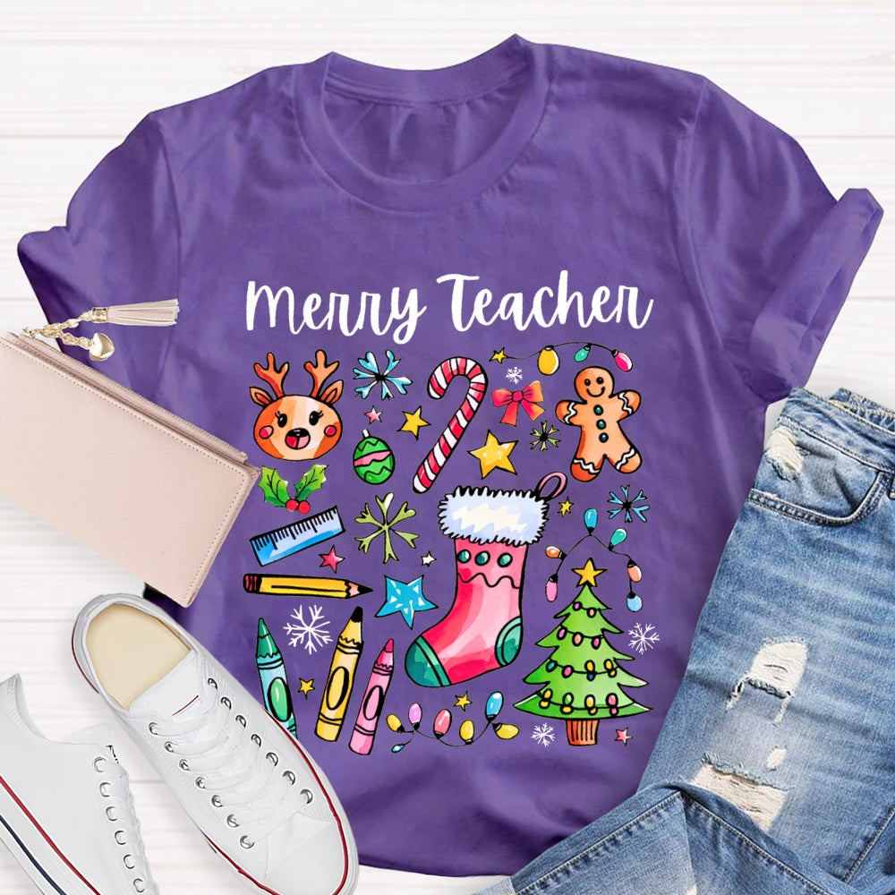 Merry Teacher Christmas Lights And Crayons Christmas Vibes T-shirt