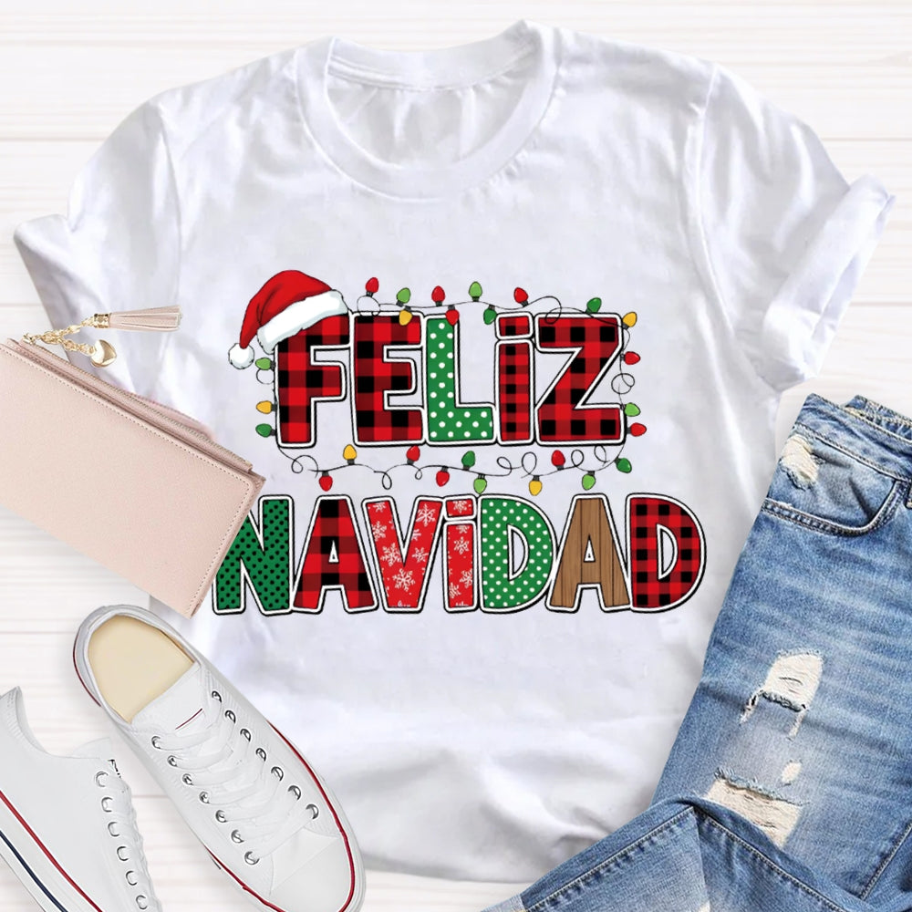 Feliz Navidad Santa Hats And Christmas Lights Bilingual Teacher T-shirt