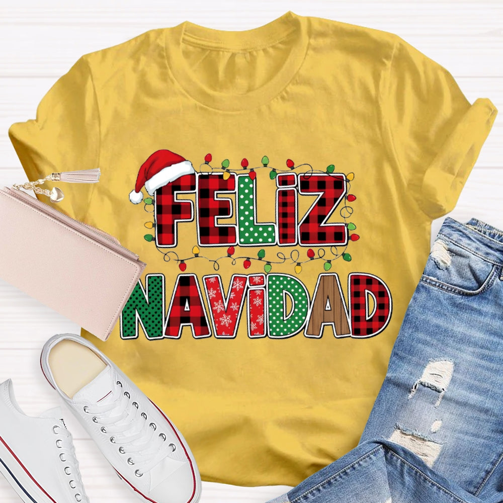 Feliz Navidad Santa Hats And Christmas Lights Bilingual Teacher T-shirt