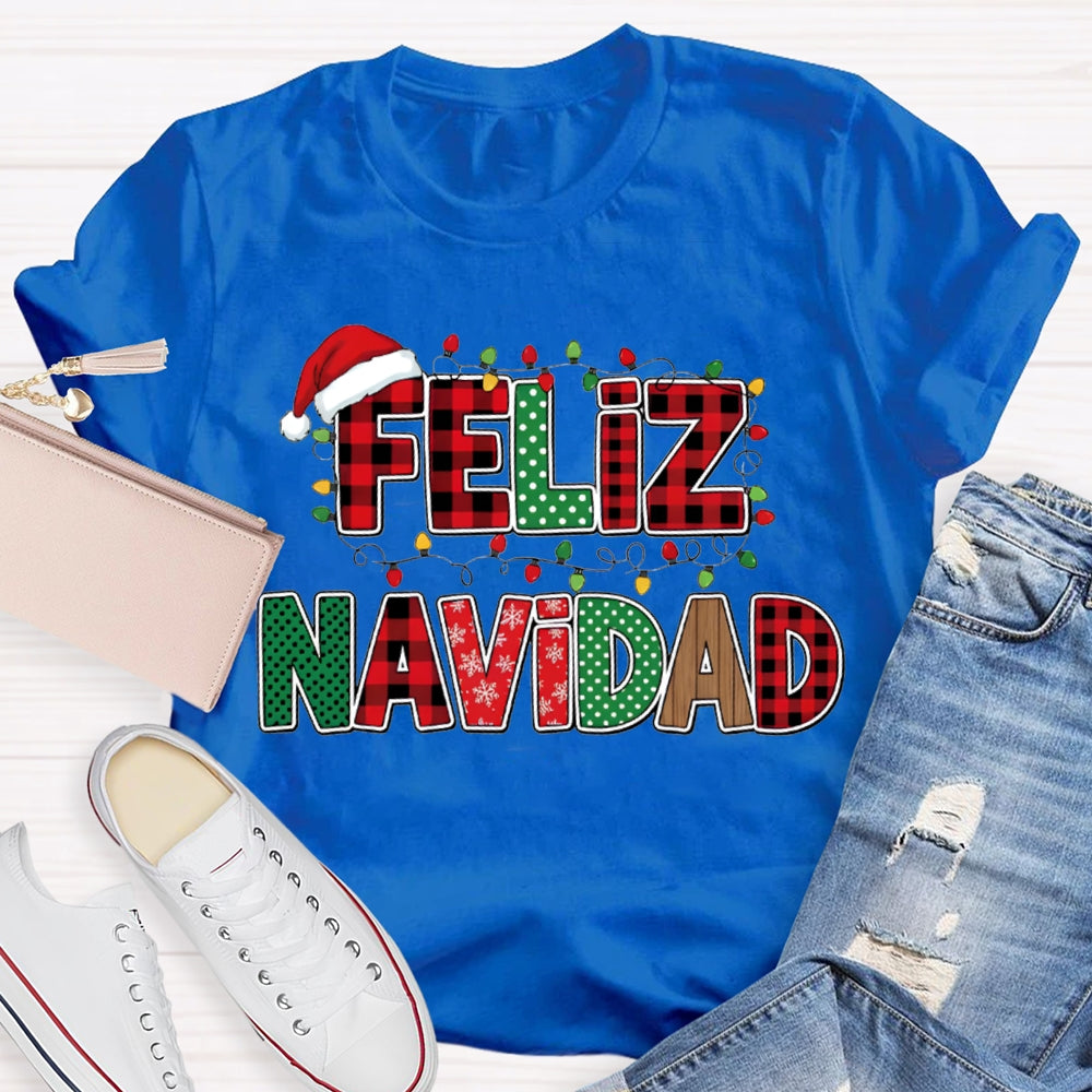 Feliz Navidad Santa Hats And Christmas Lights Bilingual Teacher T-shirt
