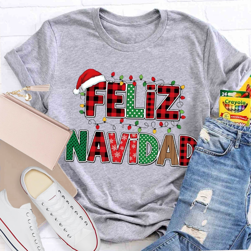 Feliz Navidad Santa Hats And Christmas Lights Bilingual Teacher T-shirt