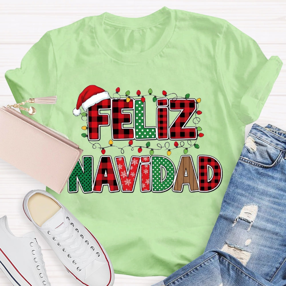 Feliz Navidad Santa Hats And Christmas Lights Bilingual Teacher T-shirt
