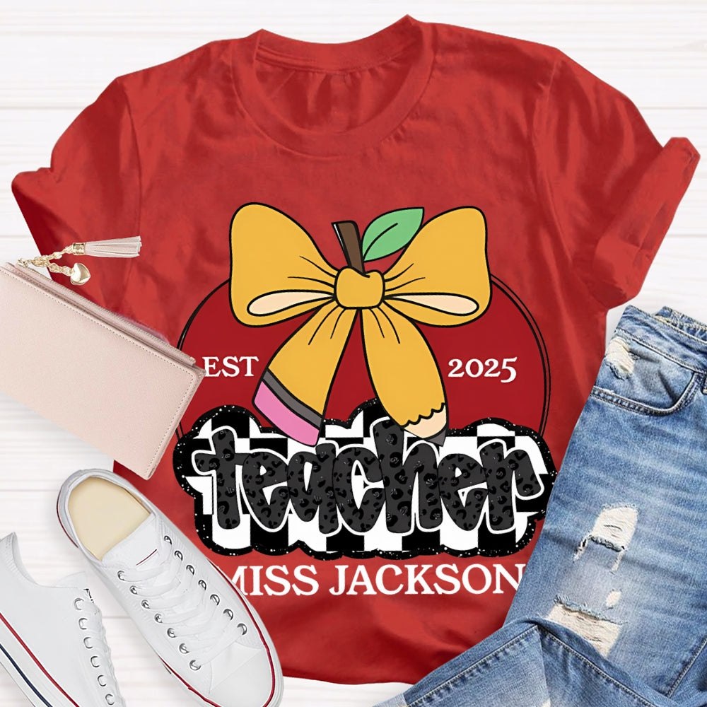 Personalized Name Teacher Bow And Apple T-shirt