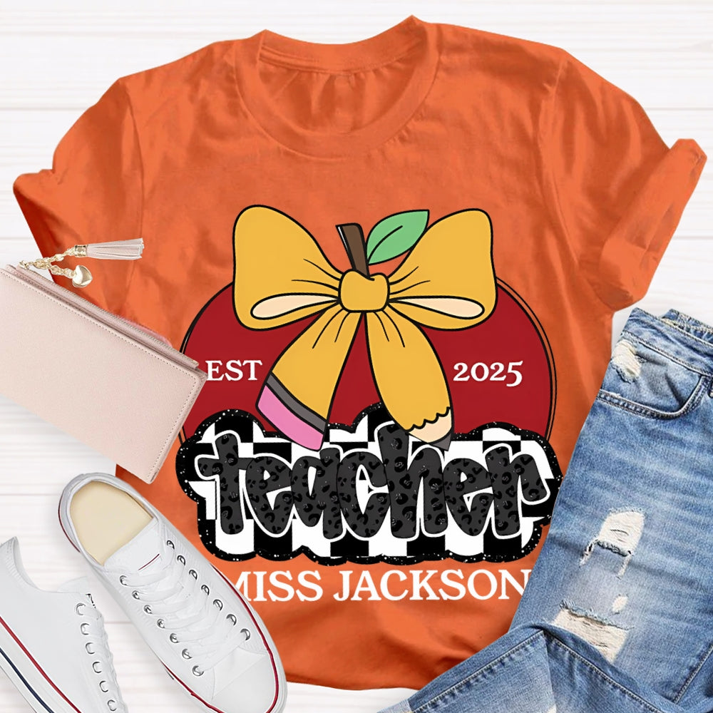 Personalized Name Teacher Bow And Apple T-shirt