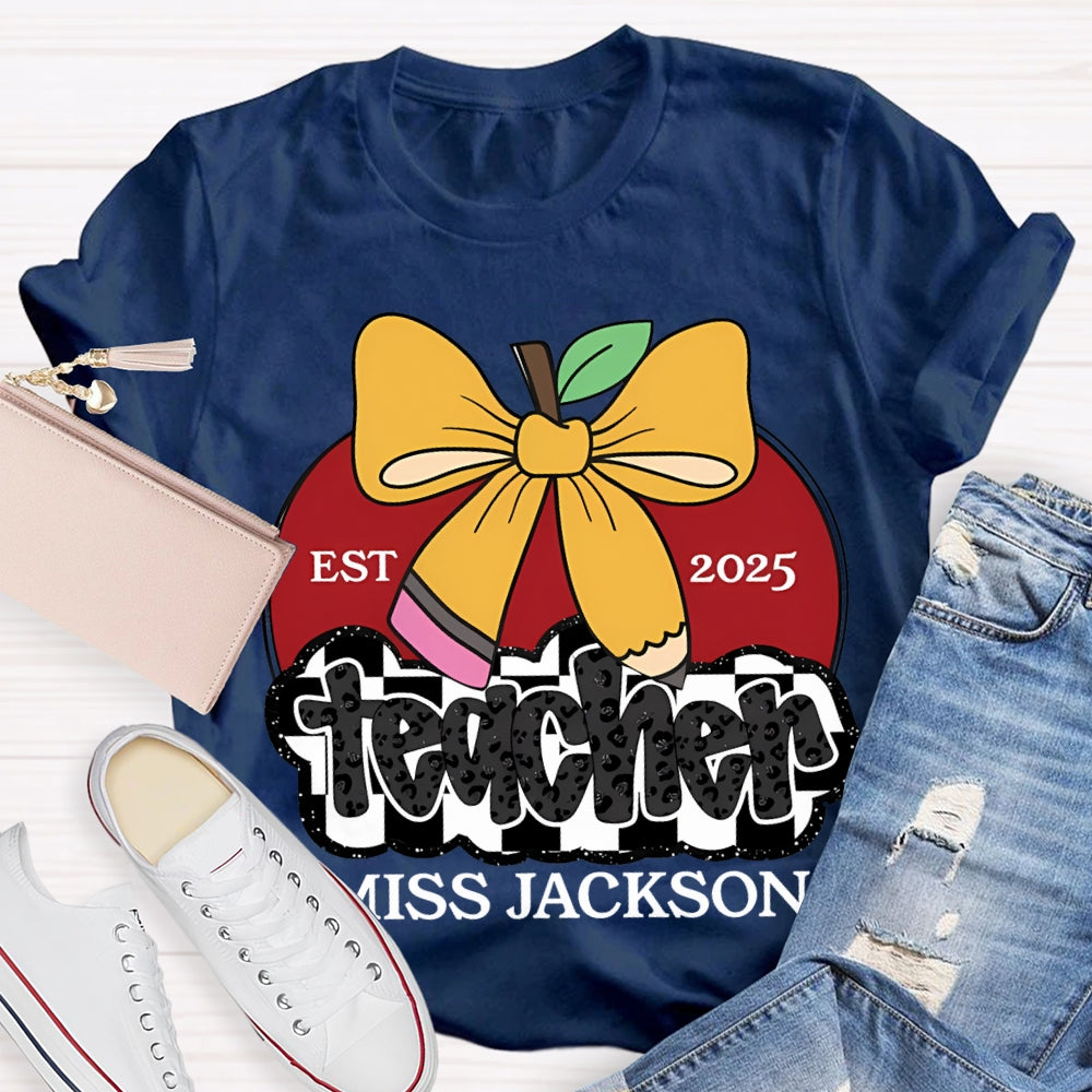 Personalized Name Teacher Bow And Apple T-shirt