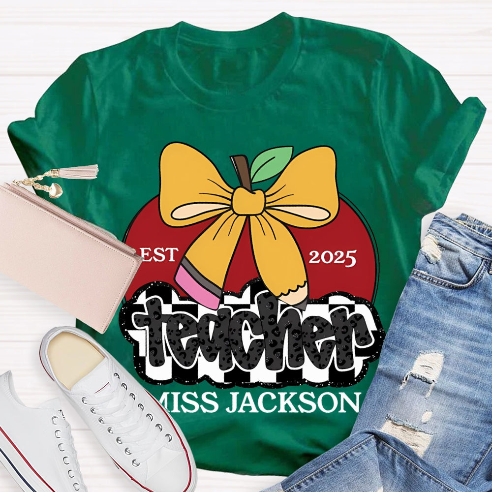 Personalized Name Teacher Bow And Apple T-shirt