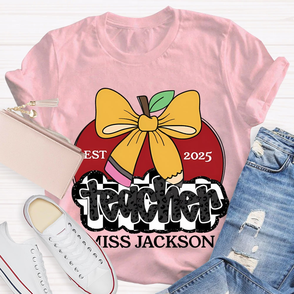 Personalized Name Teacher Bow And Apple T-shirt