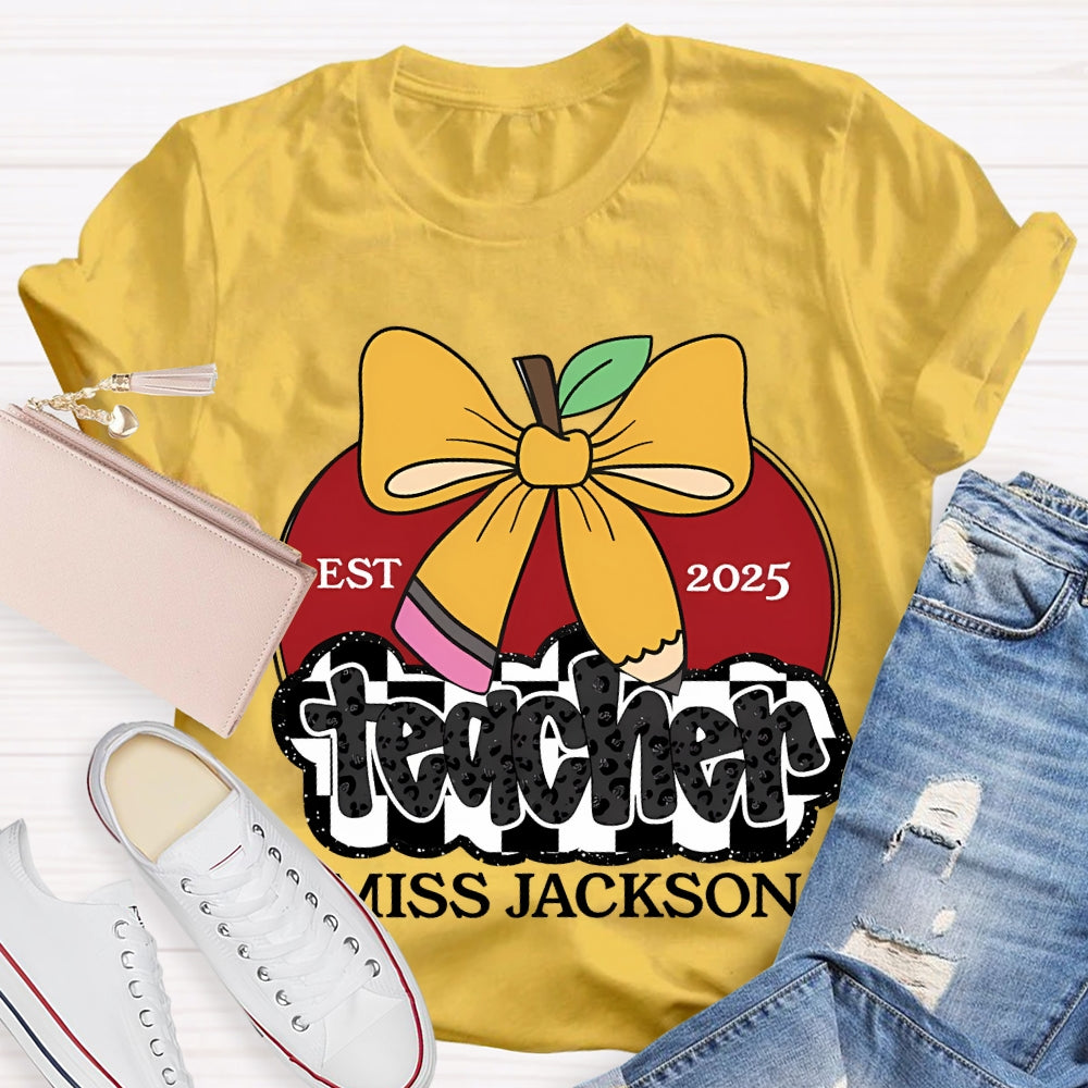 Personalized Name Teacher Bow And Apple T-shirt
