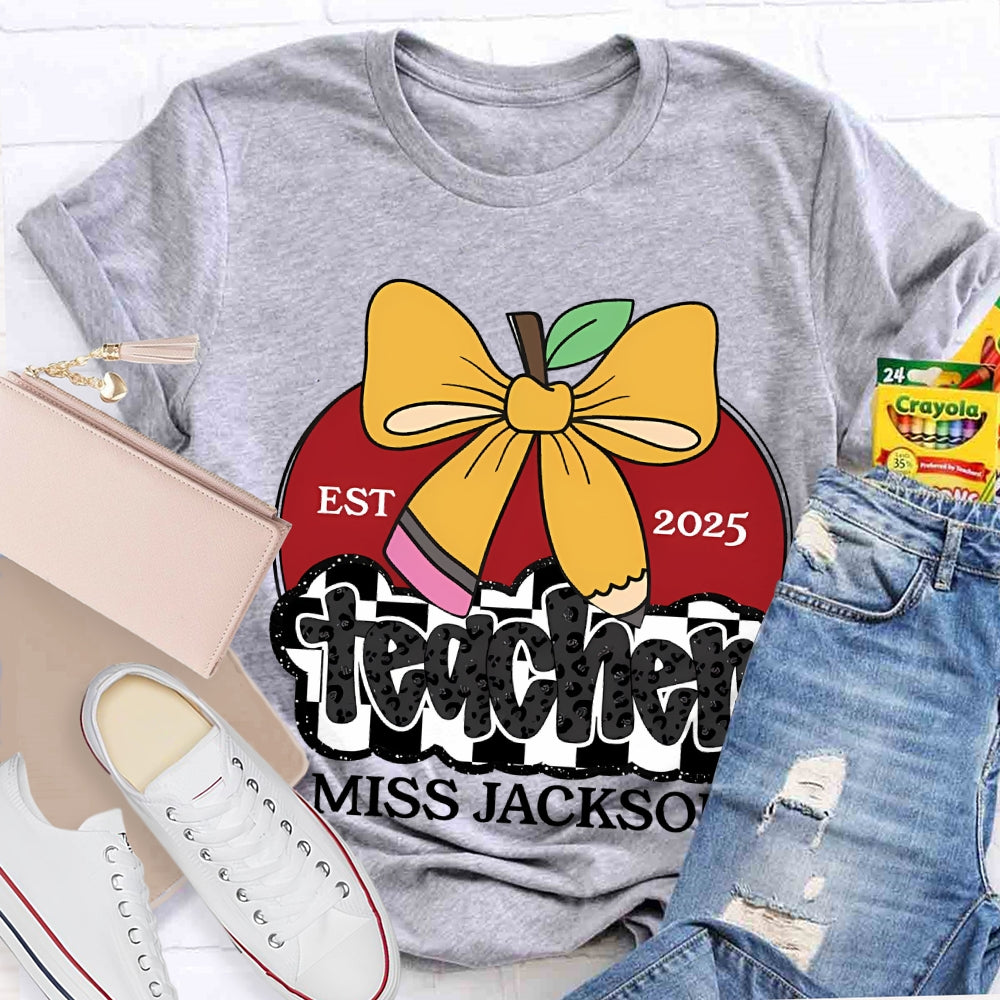 Personalized Name Teacher Bow And Apple T-shirt