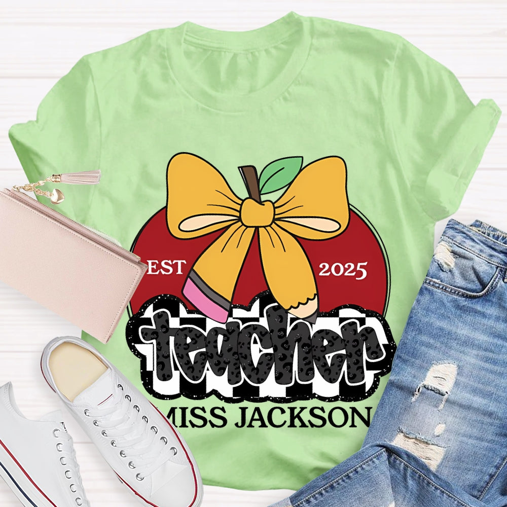 Personalized Name Teacher Bow And Apple T-shirt