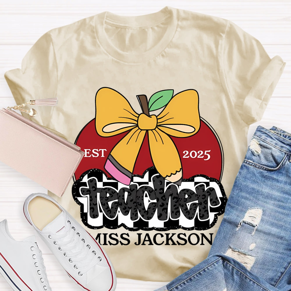 Personalized Name Teacher Bow And Apple T-shirt