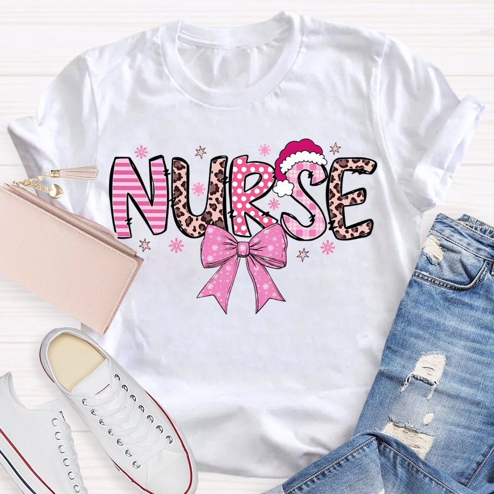 School Nurse Santa Hat And Pink Bow T-shirt