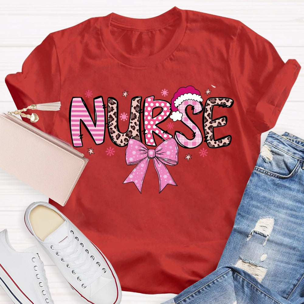 School Nurse Santa Hat And Pink Bow T-shirt