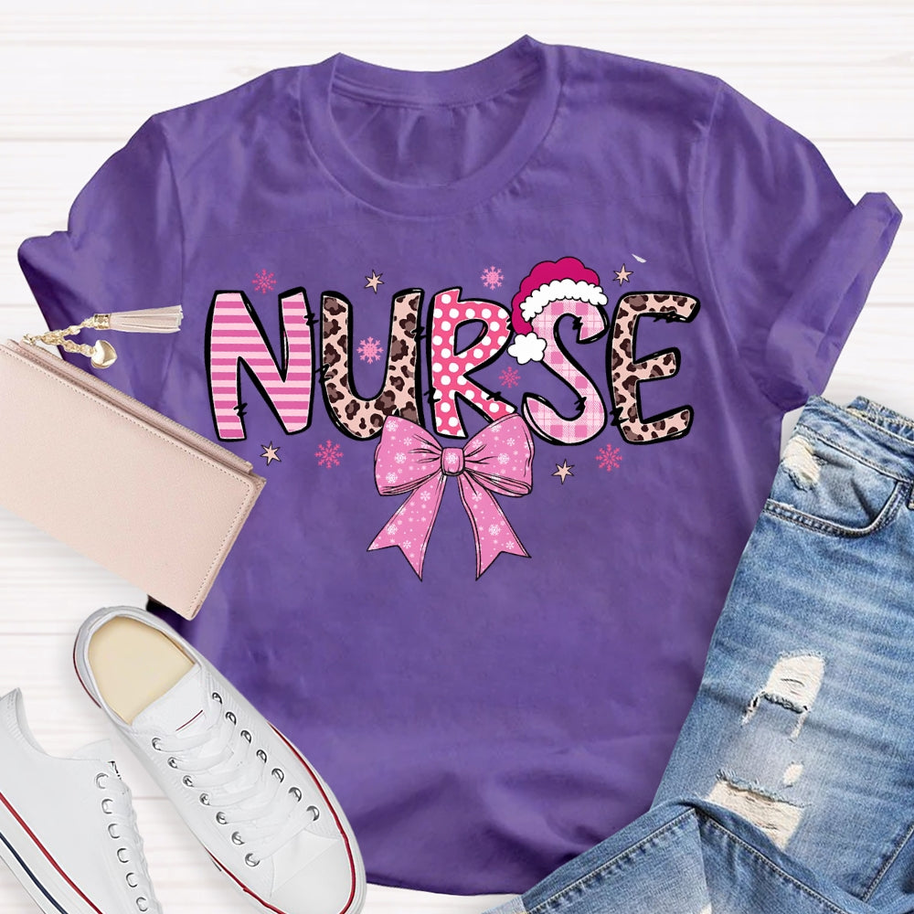 School Nurse Santa Hat And Pink Bow T-shirt