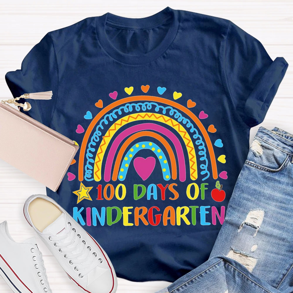 Personalized Grade 100 Days Of Kindergarten Colored Fonts And Colored Hearts T-shirt