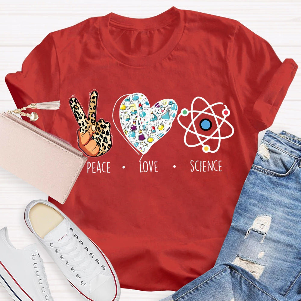 Peace Love Science Leopard Print Fingers And Hearts Science Teacher T-shirt