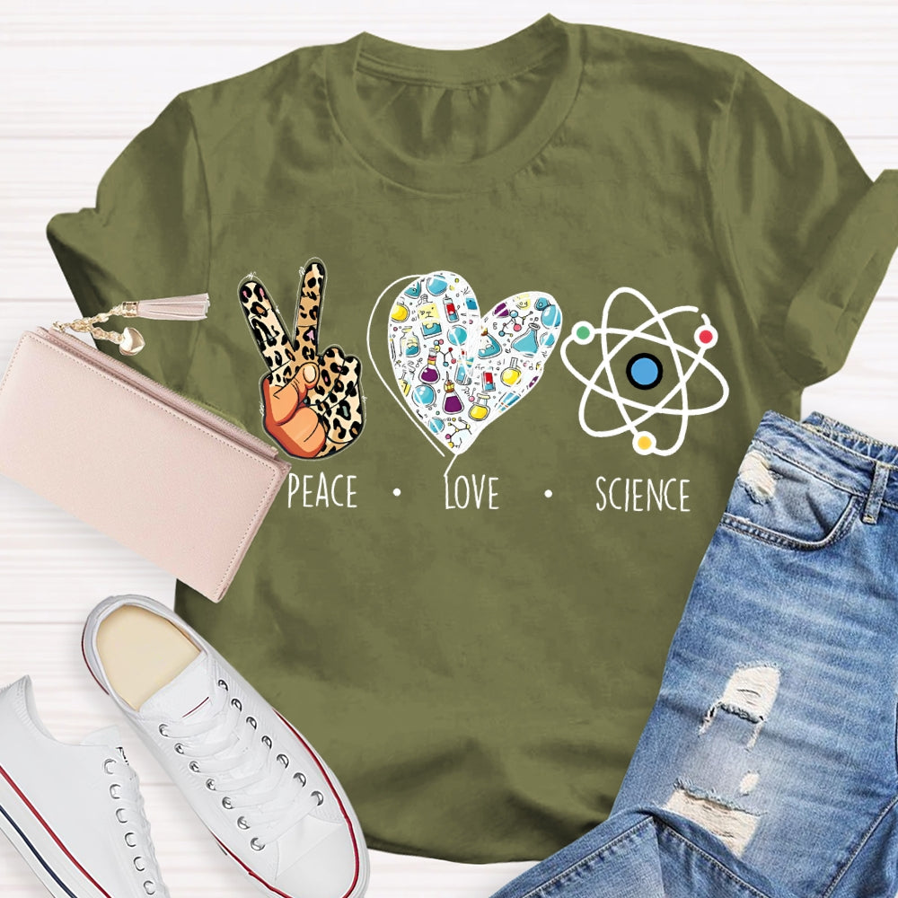 Peace Love Science Leopard Print Fingers And Hearts Science Teacher T-shirt