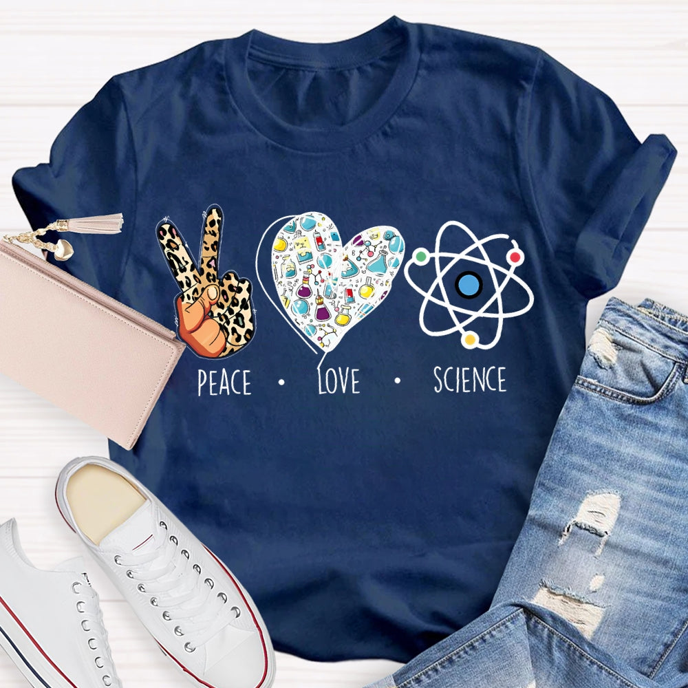 Peace Love Science Leopard Print Fingers And Hearts Science Teacher T-shirt
