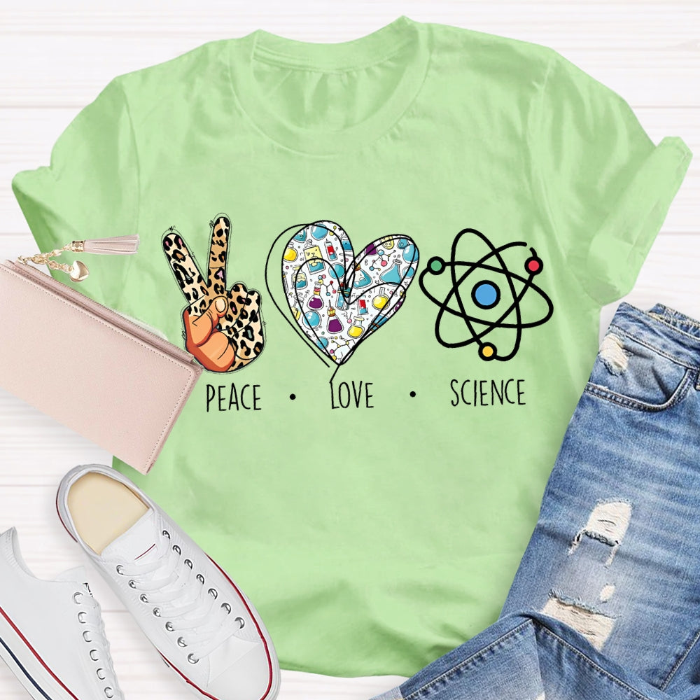 Peace Love Science Leopard Print Fingers And Hearts Science Teacher T-shirt