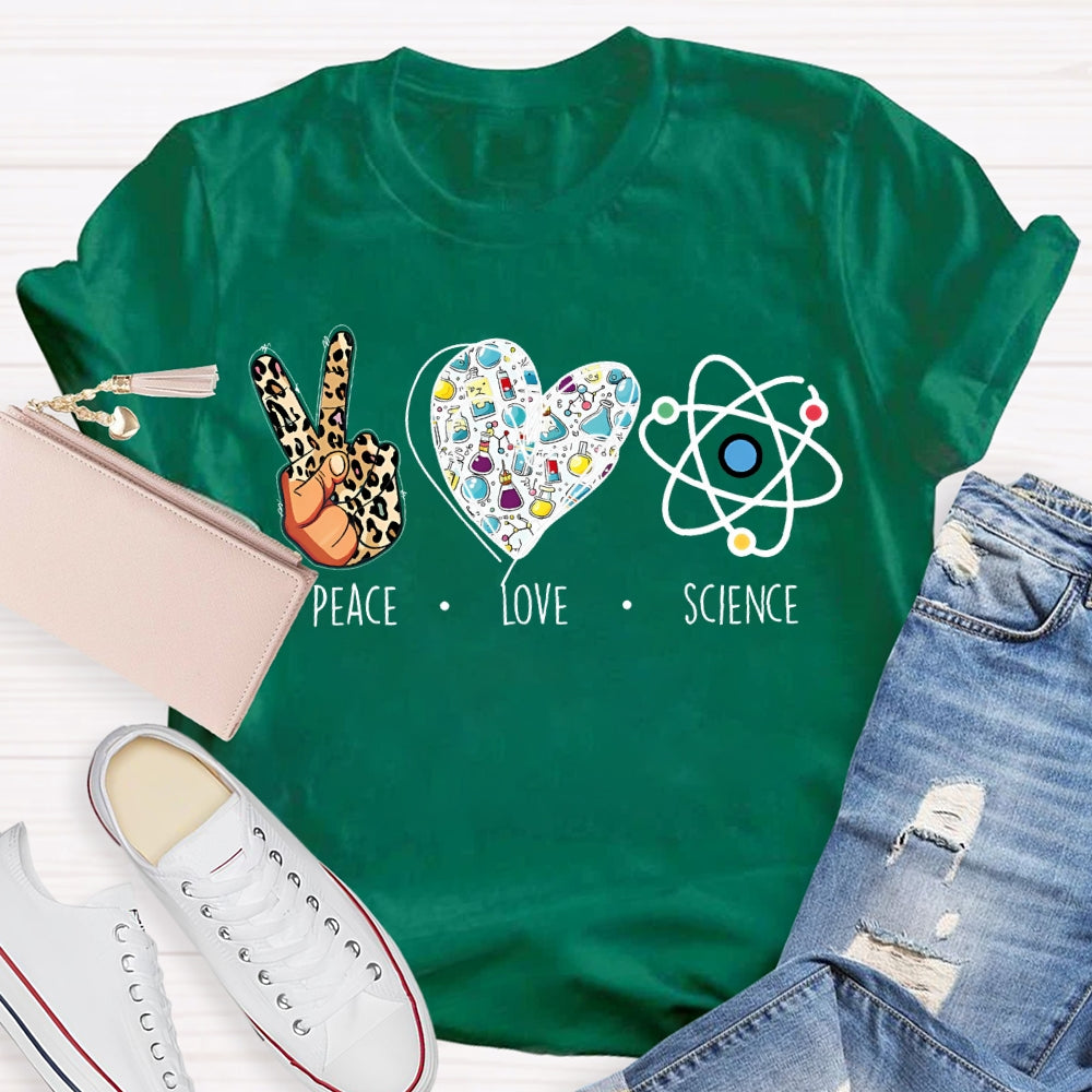 Peace Love Science Leopard Print Fingers And Hearts Science Teacher T-shirt