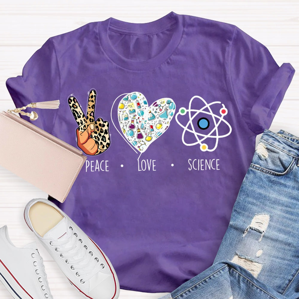 Peace Love Science Leopard Print Fingers And Hearts Science Teacher T-shirt