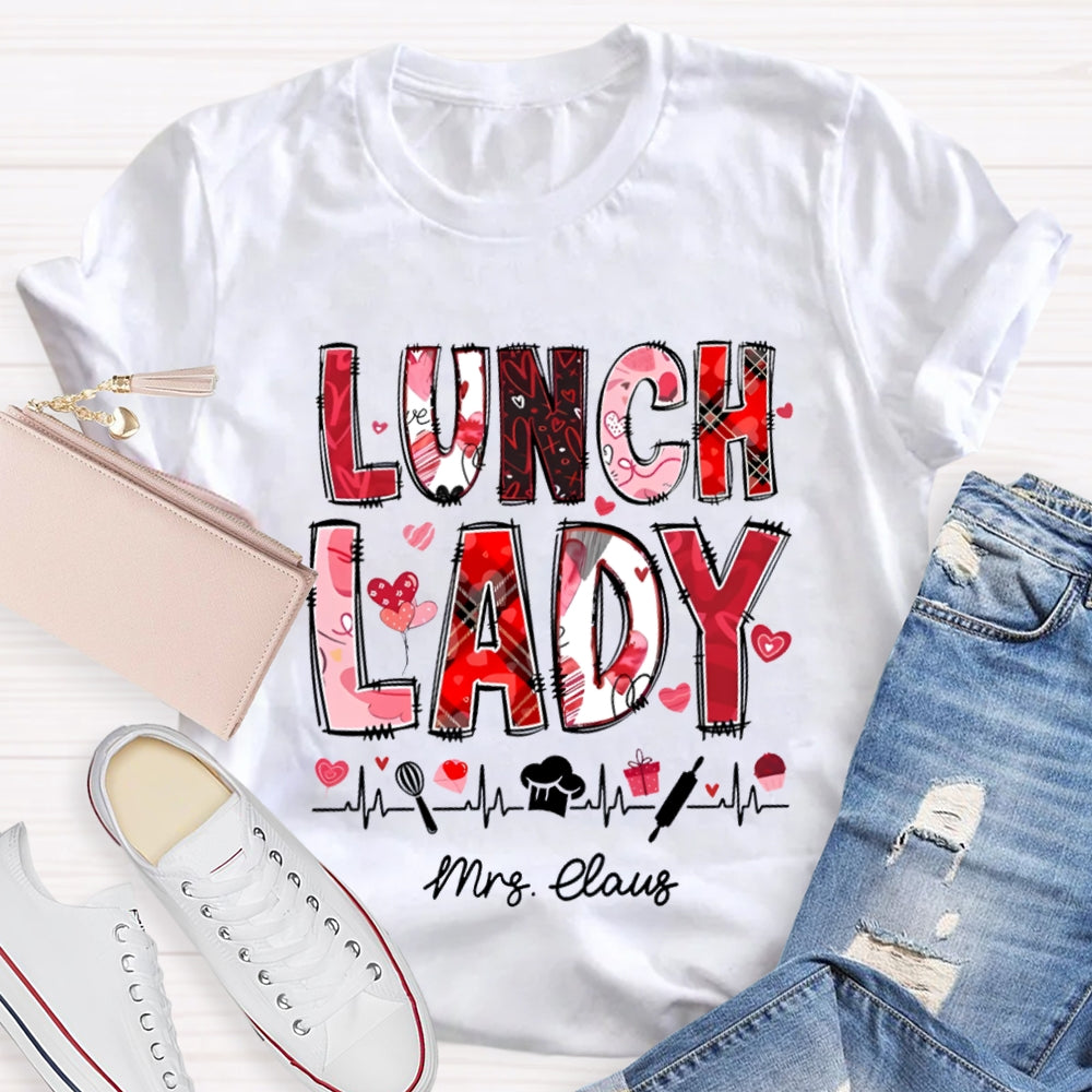 Personalized Name Lunch Lady Pink Font And Hearts T-shirt
