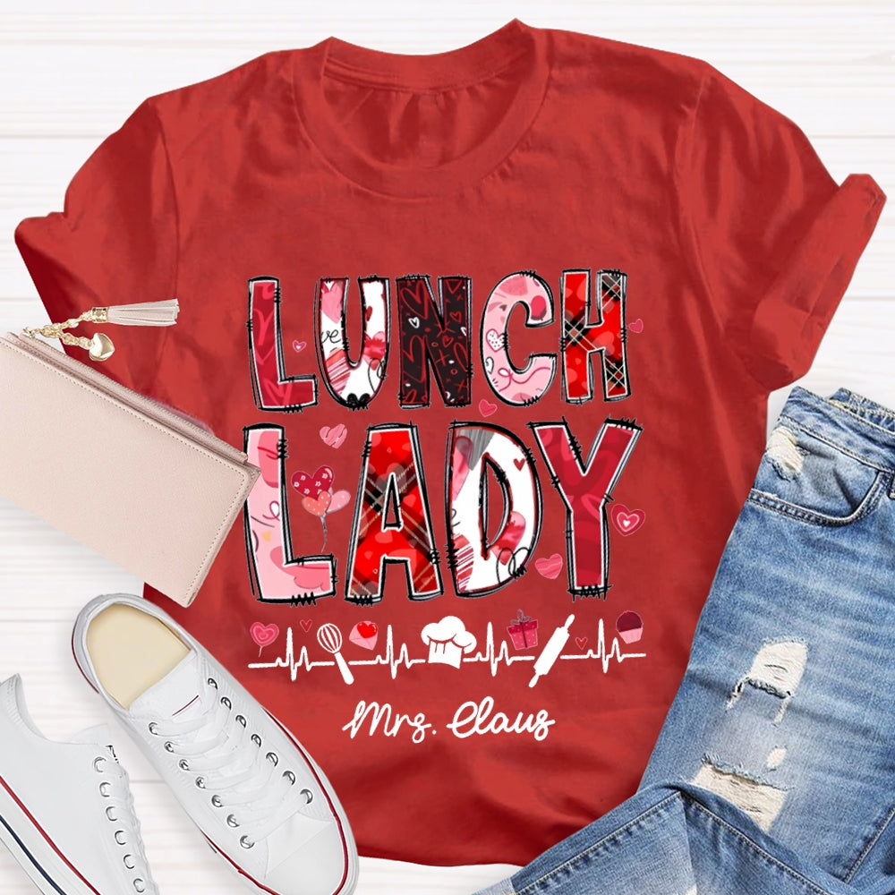 Personalized Name Lunch Lady Pink Font And Hearts T-shirt