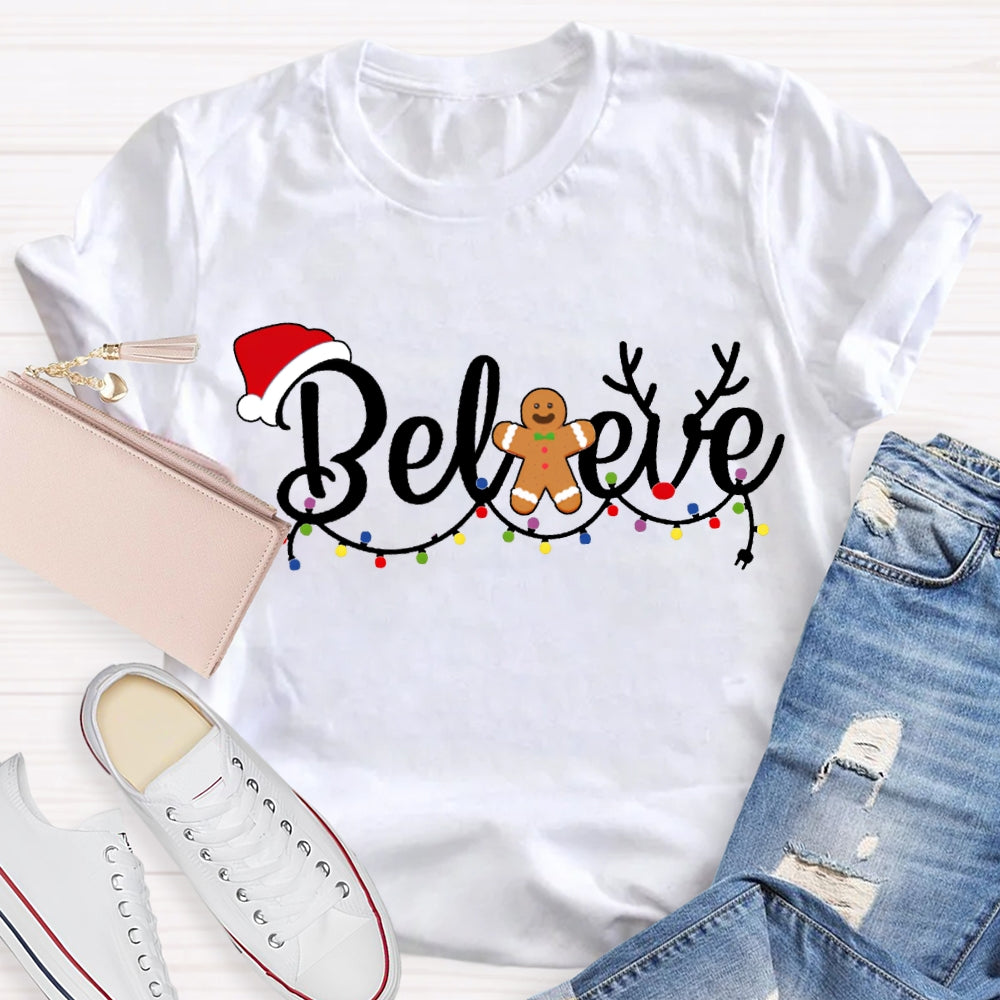 Believe Christmas Lights And Santa Hats T-shirt