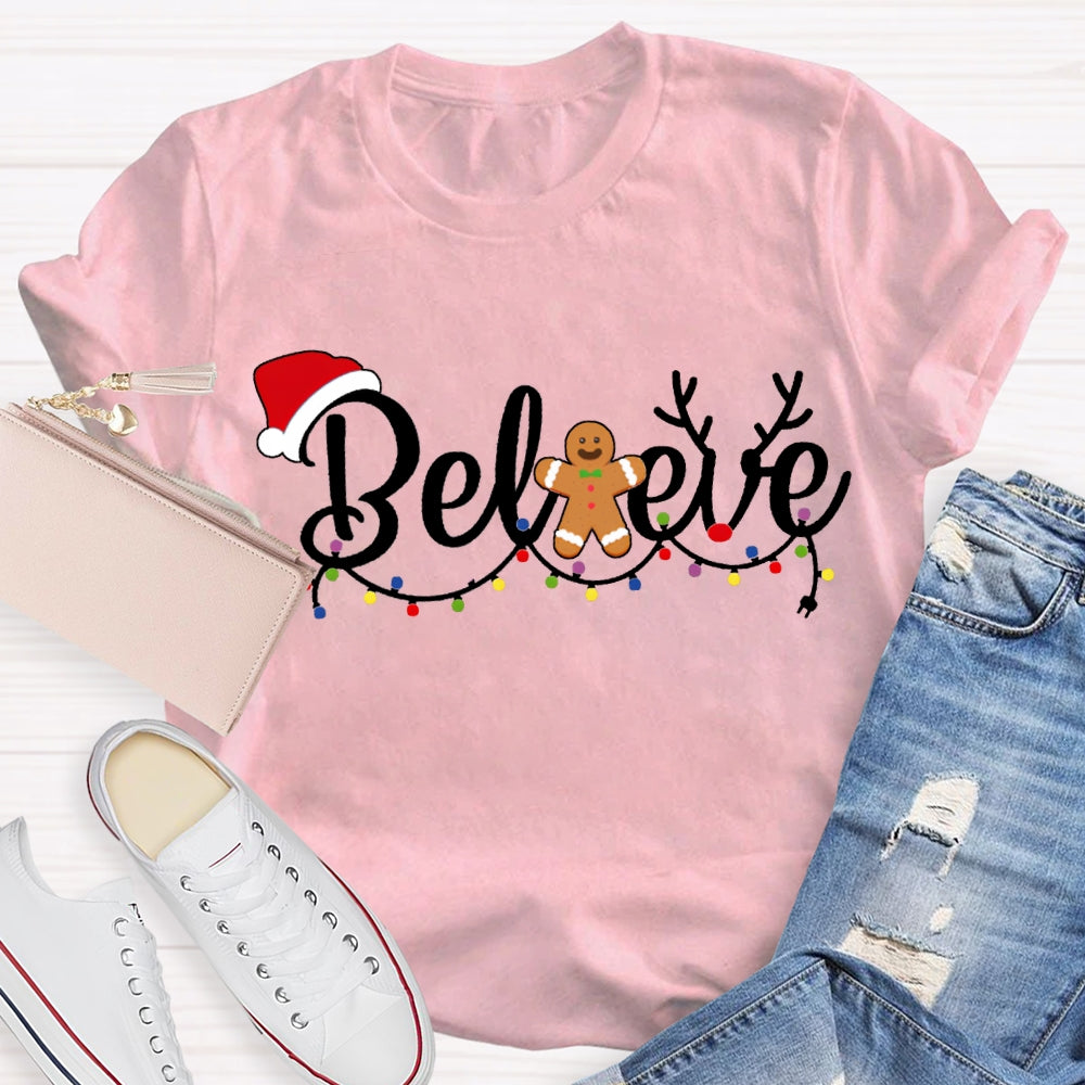 Believe Christmas Lights And Santa Hats T-shirt