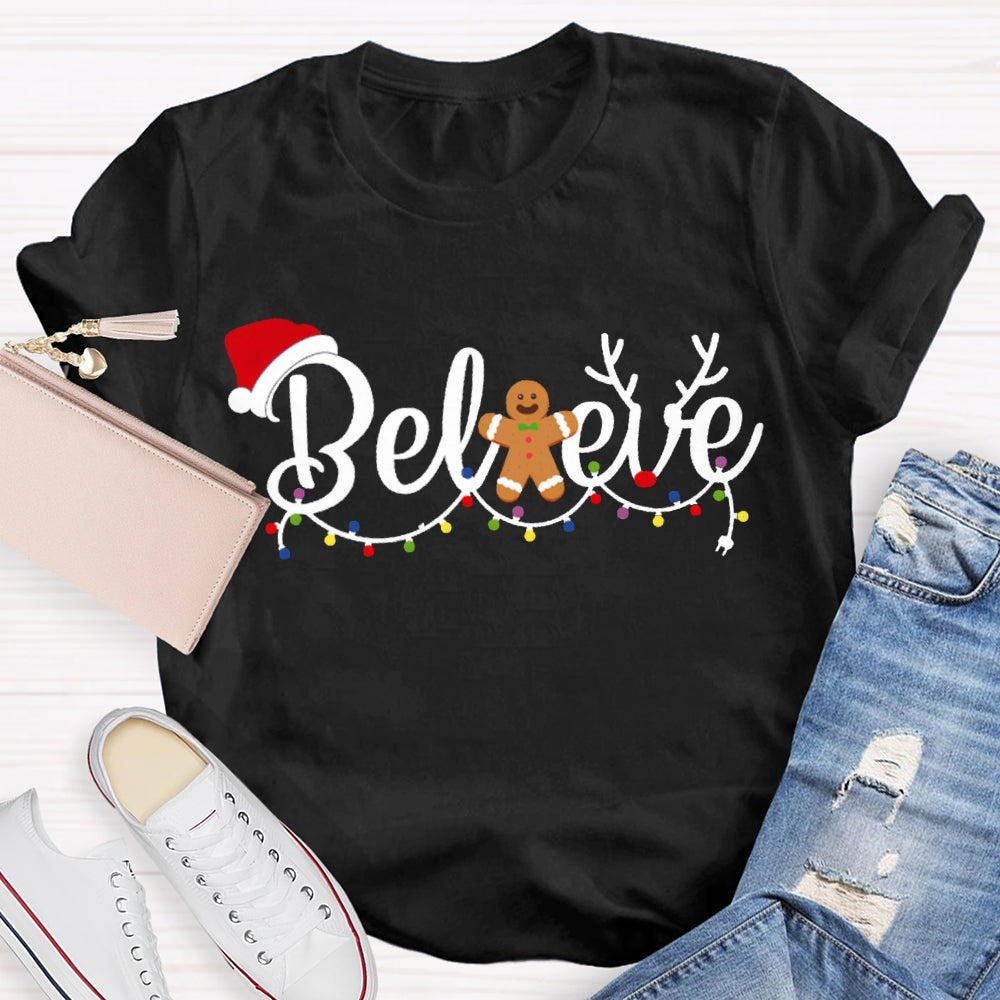 Believe Christmas Lights And Santa Hats T-shirt
