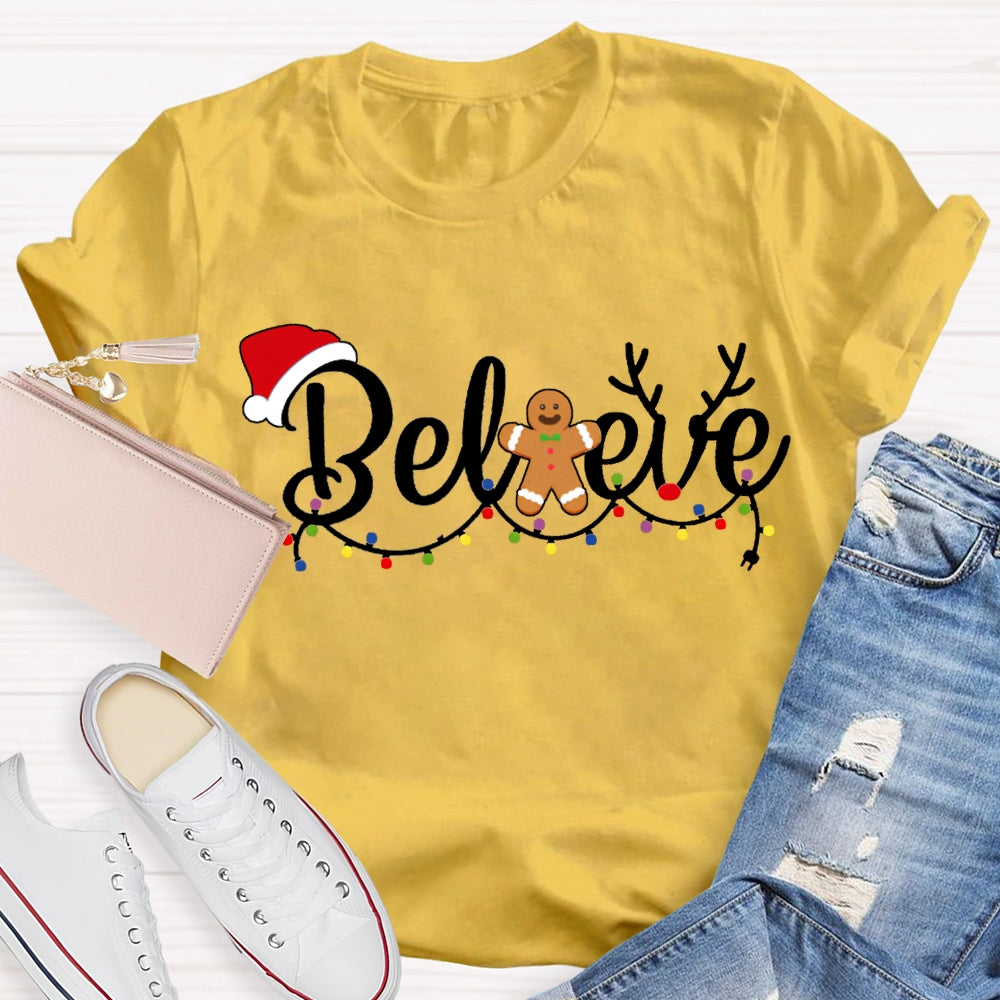 Believe Christmas Lights And Santa Hats T-shirt