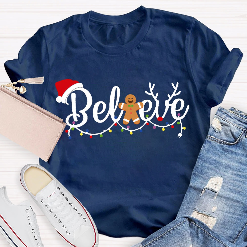 Believe Christmas Lights And Santa Hats T-shirt