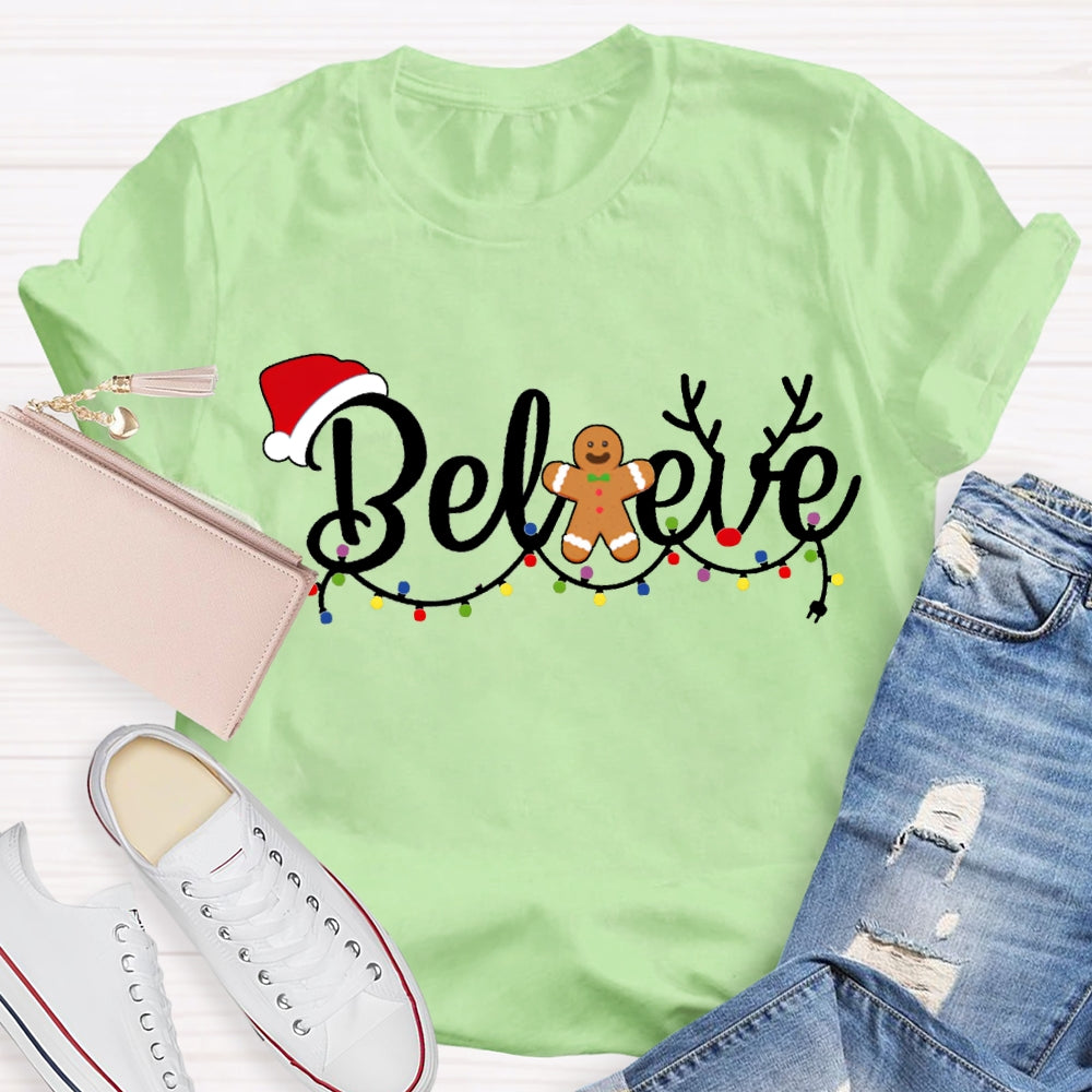 Believe Christmas Lights And Santa Hats T-shirt