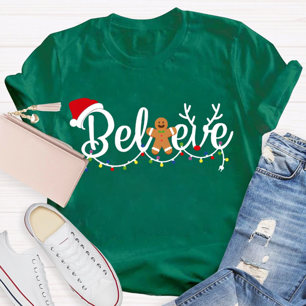 Believe Christmas Lights And Santa Hats T-shirt