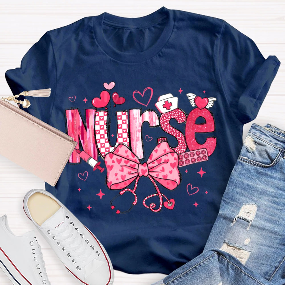 School Nurse Pink Bow And Heart Valentine'S Day T-shirt
