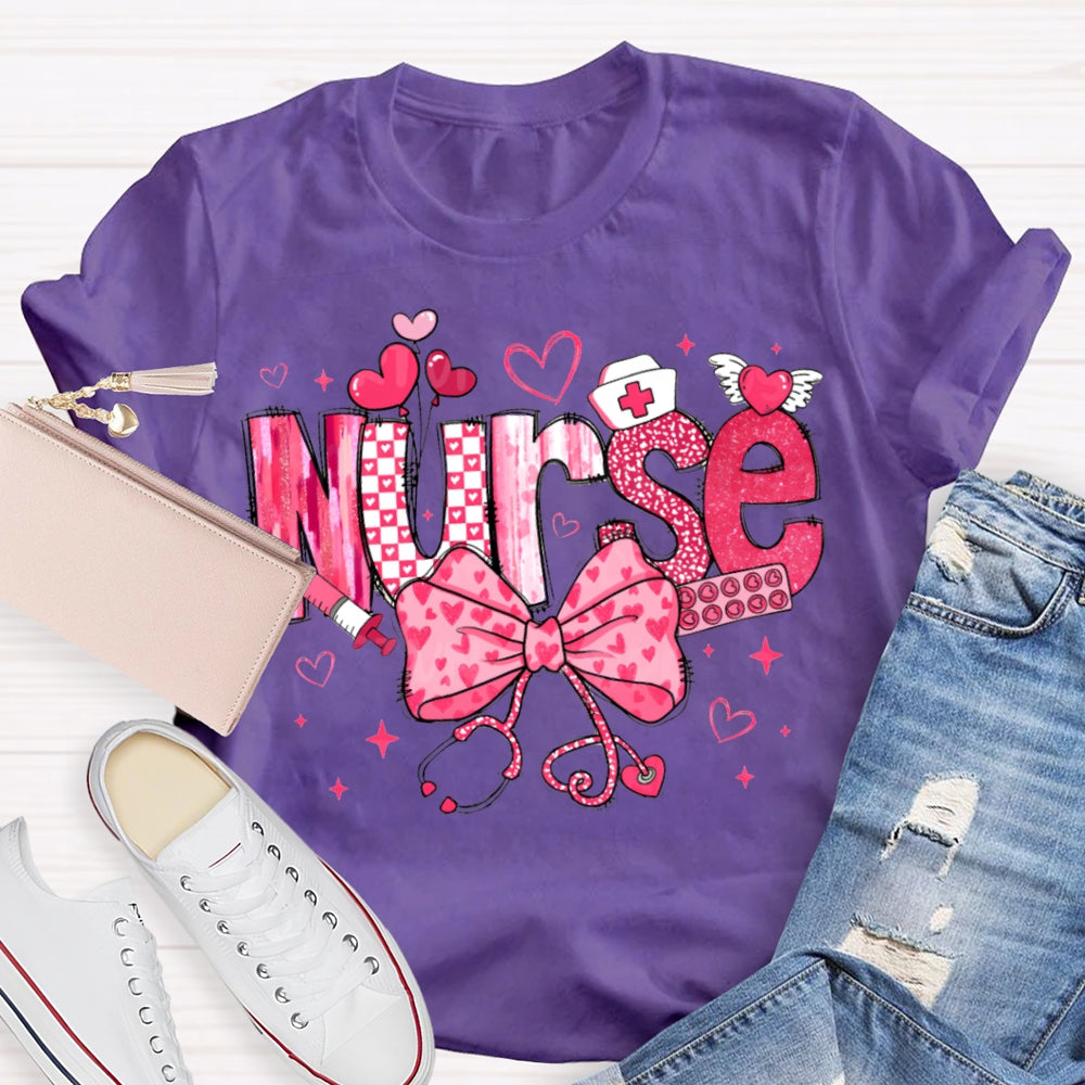 School Nurse Pink Bow And Heart Valentine'S Day T-shirt