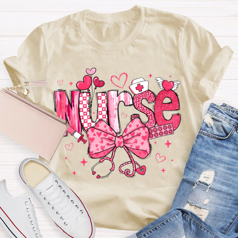 School Nurse Pink Bow And Heart Valentine'S Day T-shirt