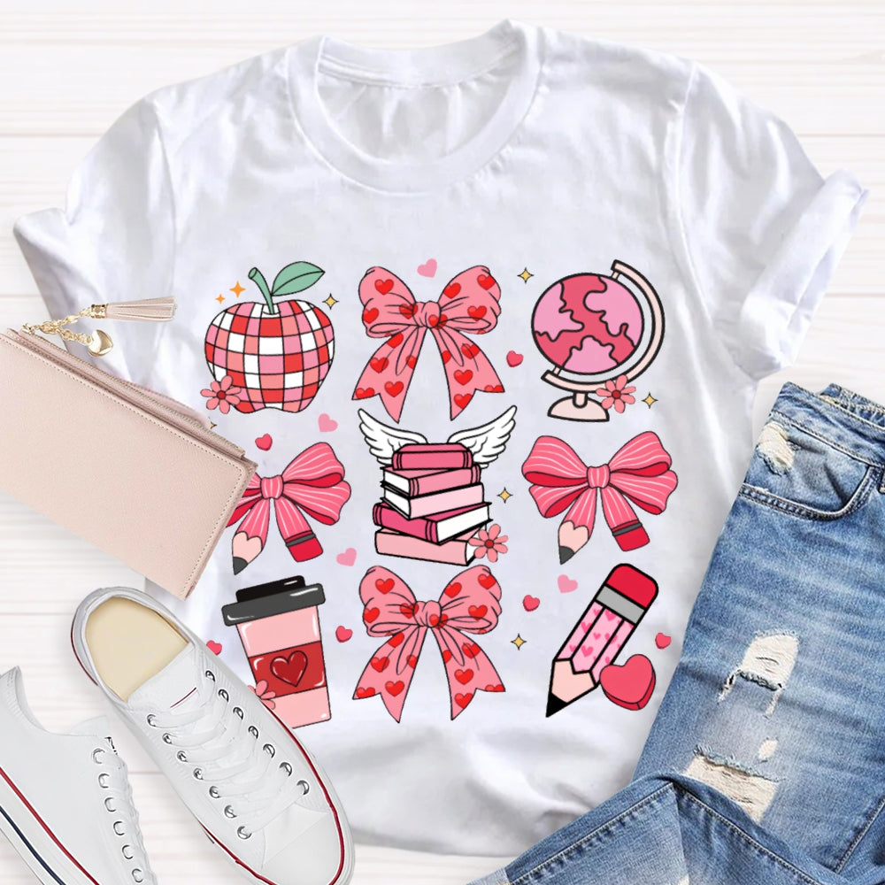 Pink Bow Pencil And Books Valentine'S Day T-shirt