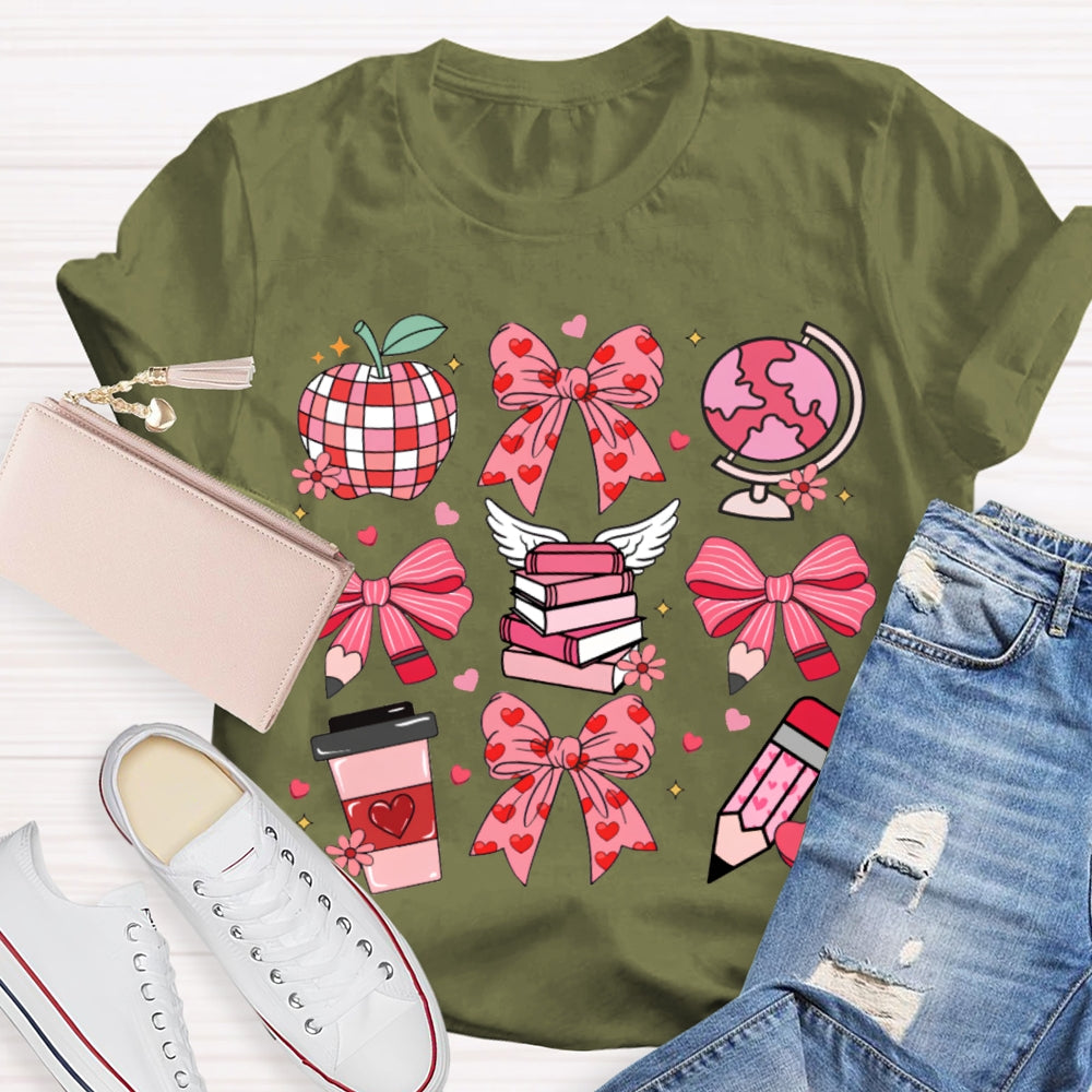 Pink Bow Pencil And Books Valentine'S Day T-shirt