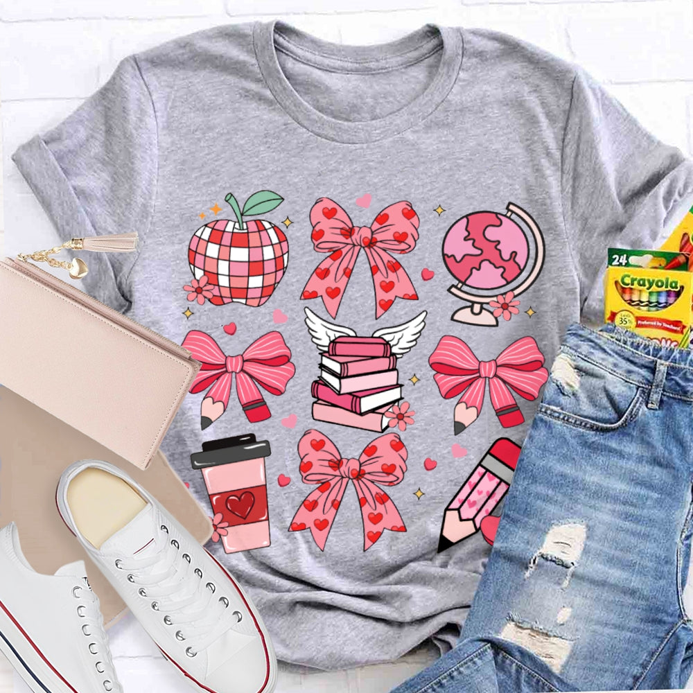Pink Bow Pencil And Books Valentine'S Day T-shirt