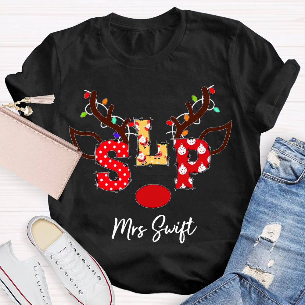 Personalized Name Slp Christmas Lights And Reindeer Antlers Christmas T-shirt