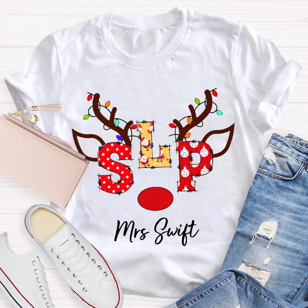 Personalized Name Slp Christmas Lights And Reindeer Antlers Christmas T-shirt