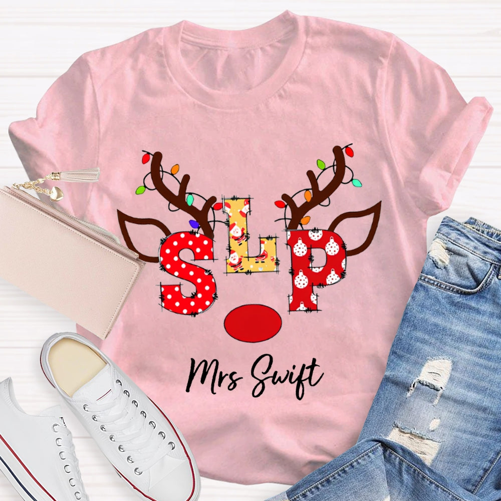 Personalized Name Slp Christmas Lights And Reindeer Antlers Christmas T-shirt