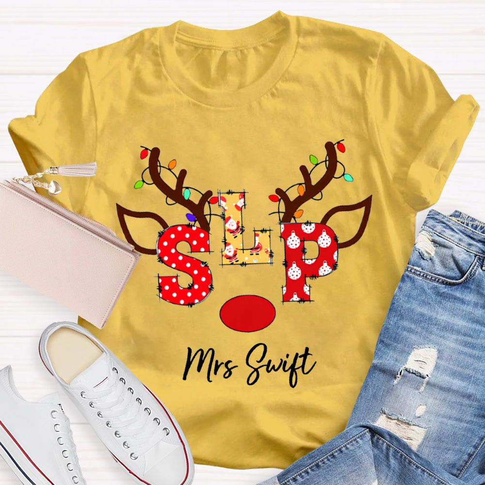 Personalized Name Slp Christmas Lights And Reindeer Antlers Christmas T-shirt