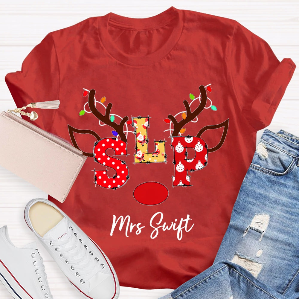 Personalized Name Slp Christmas Lights And Reindeer Antlers Christmas T-shirt