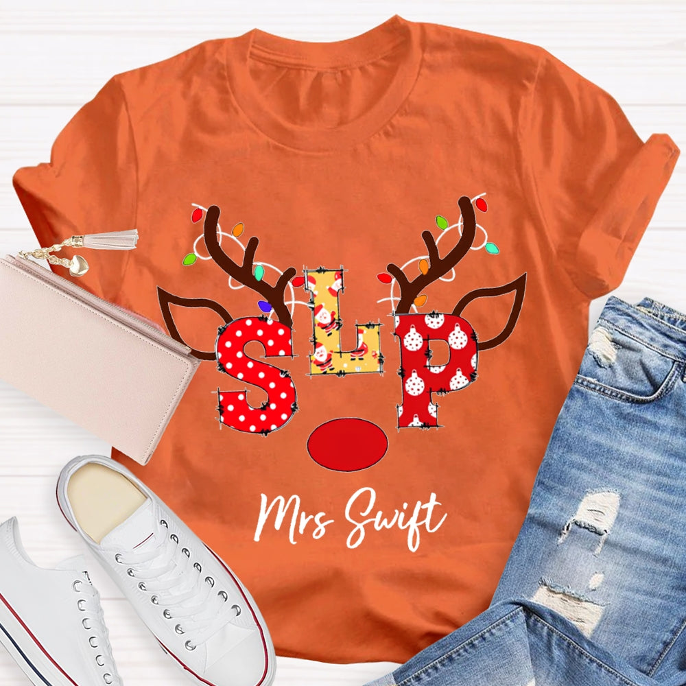 Personalized Name Slp Christmas Lights And Reindeer Antlers Christmas T-shirt
