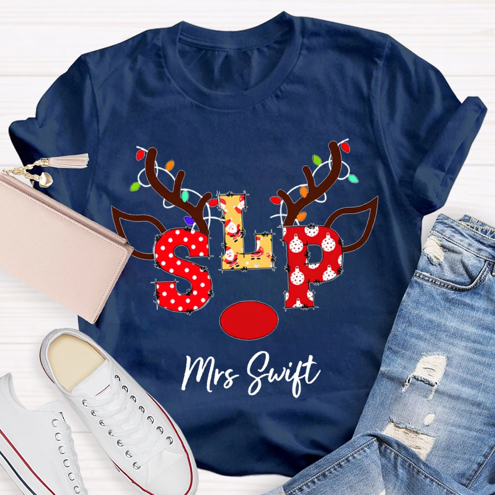 Personalized Name Slp Christmas Lights And Reindeer Antlers Christmas T-shirt